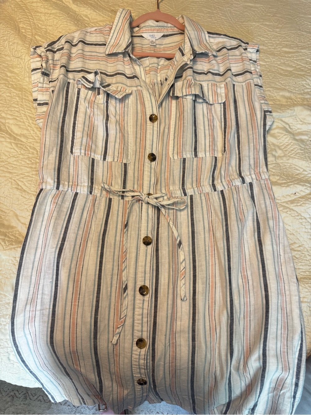 Striped Button-Front Shirt Dress in Cream, Blue & Pink